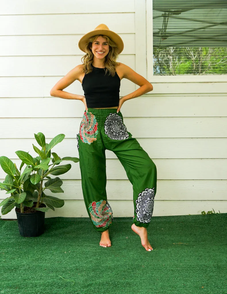 Green Enlighten Flower Harem Pants