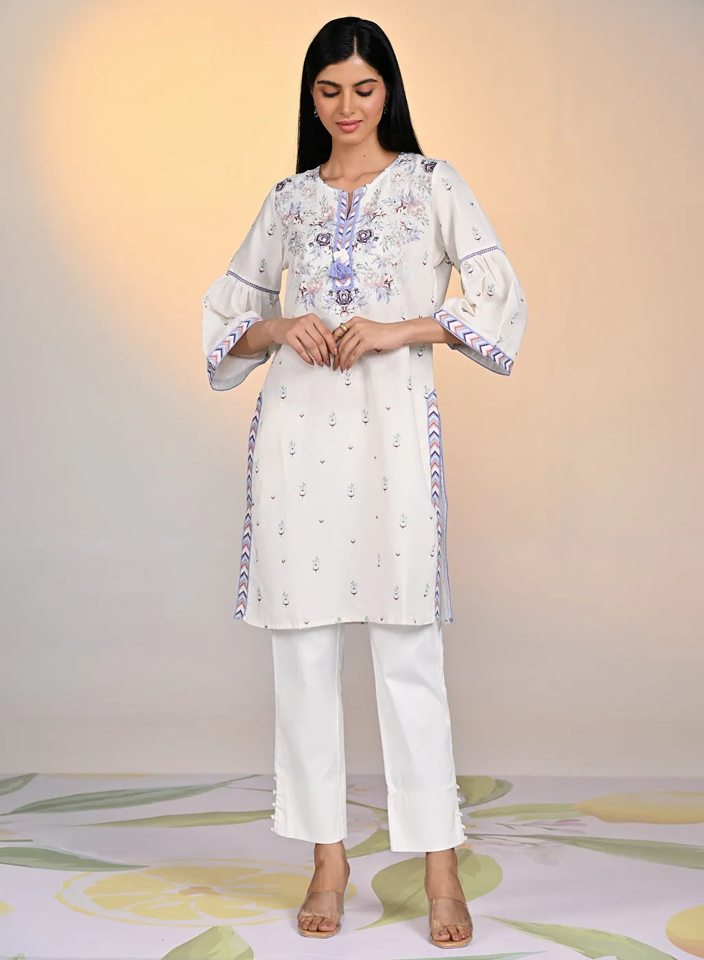 Gulshan Ivory With Blue Printed Cotton Linen Kurta For Women