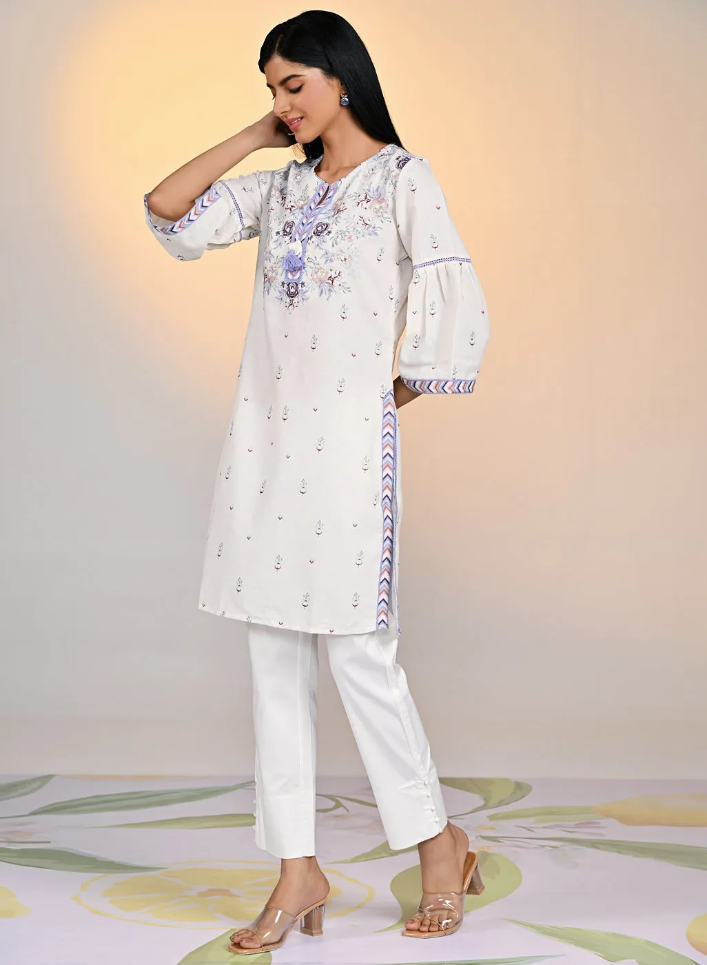 Gulshan Ivory With Blue Printed Cotton Linen Kurta For Women