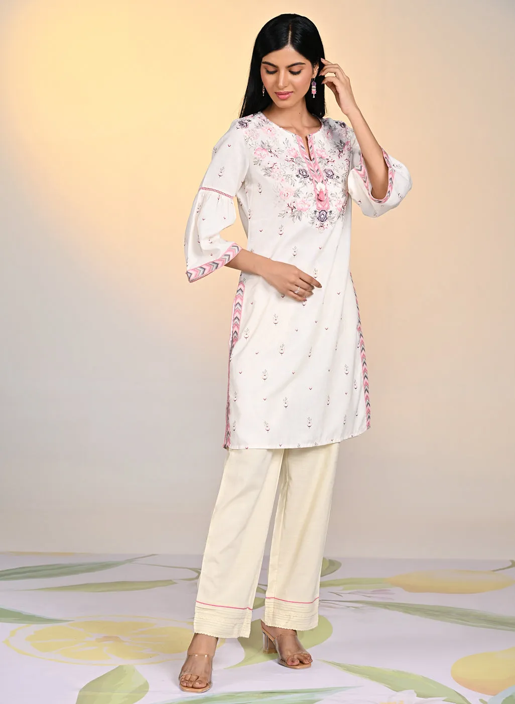 Gulshan Ivory with Green Printed Cotton Linen Kurta
for Women