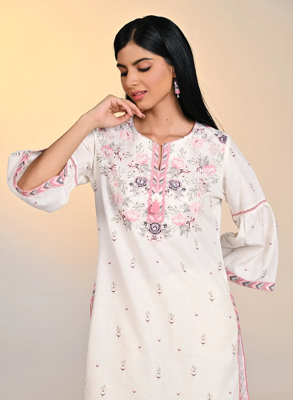 Gulshan Ivory with Green Printed Cotton Linen Kurta
for Women