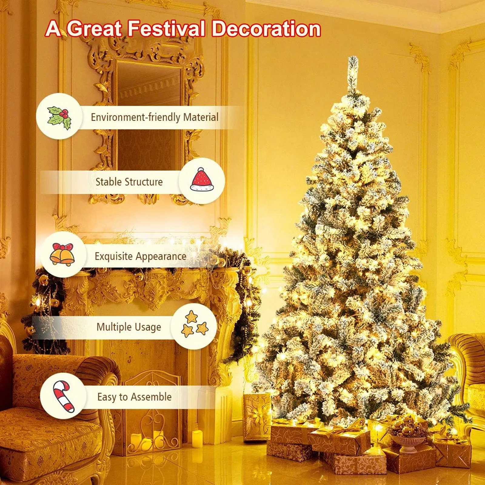 HONGGE 6ft Pre-Lit Holiday Christmas Tree w/ Snow Flocked Branches, 250 Warm White Lights - Walmart.com