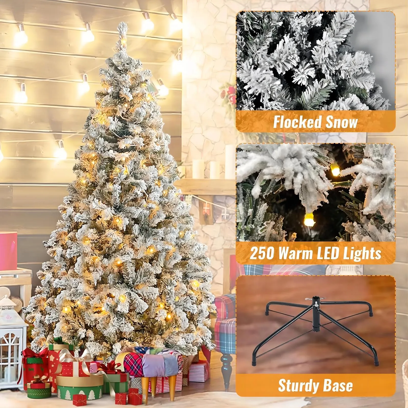 HONGGE 6ft Pre-Lit Holiday Christmas Tree w/ Snow Flocked Branches, 250 Warm White Lights - Walmart.com