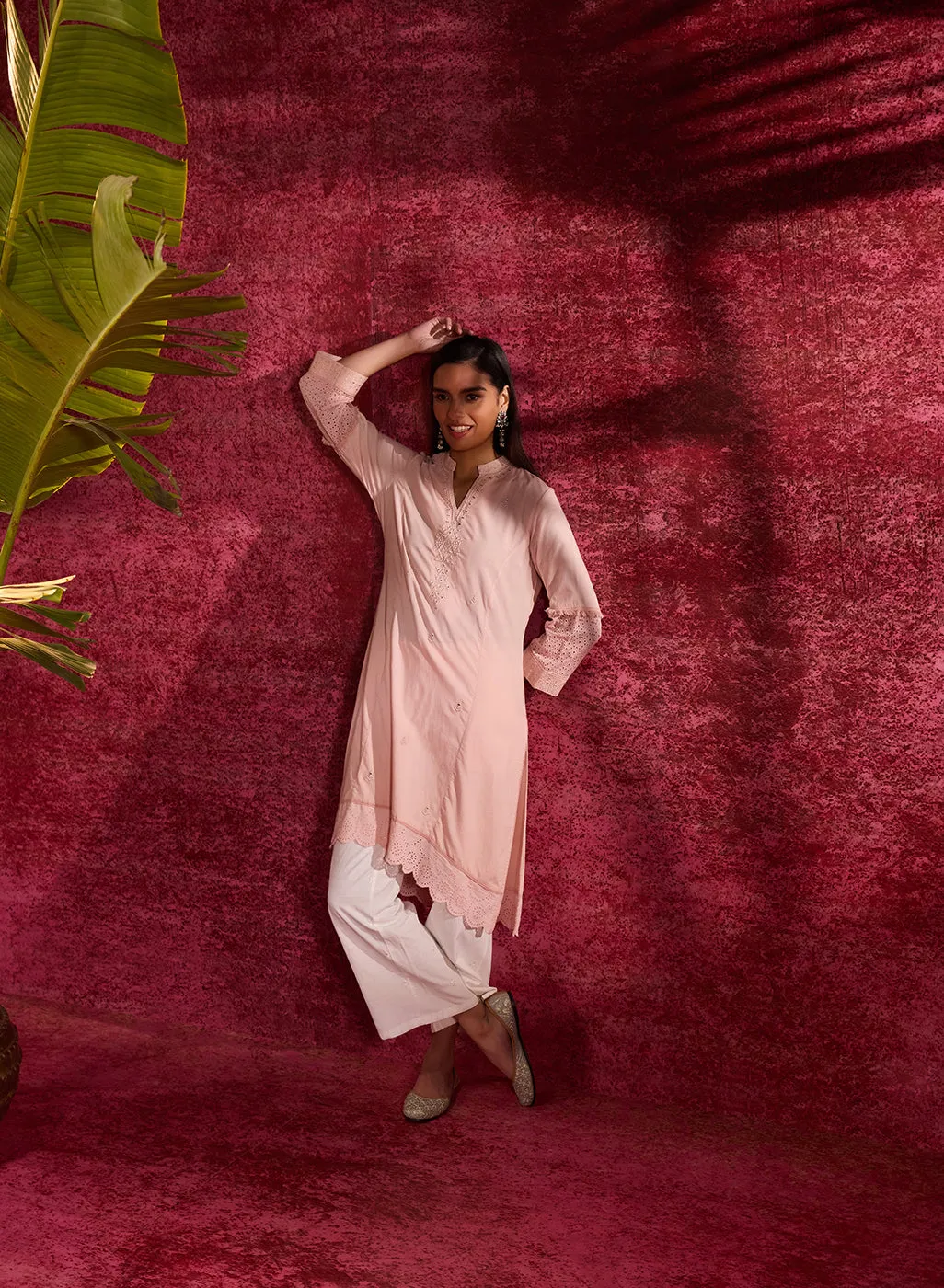 Inaya Salmon Pink Embroidered Cotton Linen Slub Kurta for Women