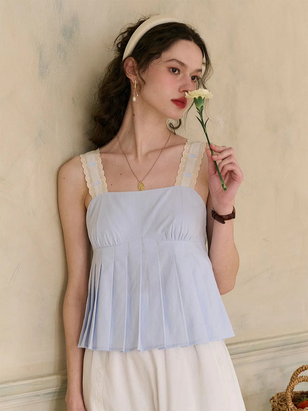 Kora Square Neck Lace Contrast Pleated Cotton Camisole Top