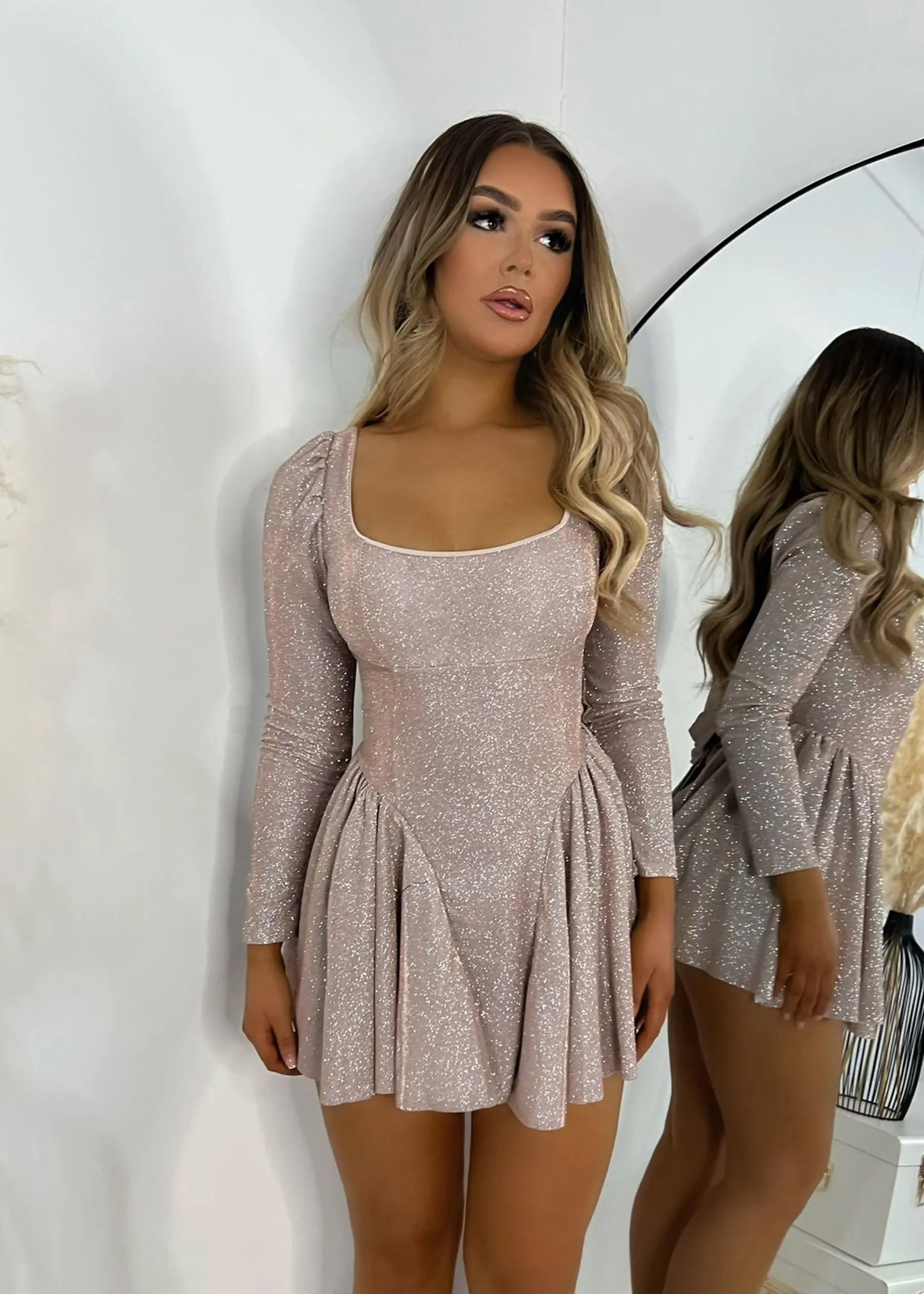 Lovers Lane Glitter Skater Mini Dress - Pink