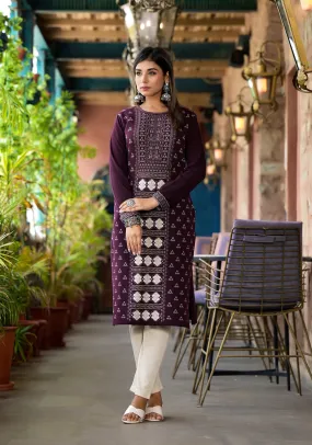 Mauve Ethnic Motif Printed Polycotton Kurta