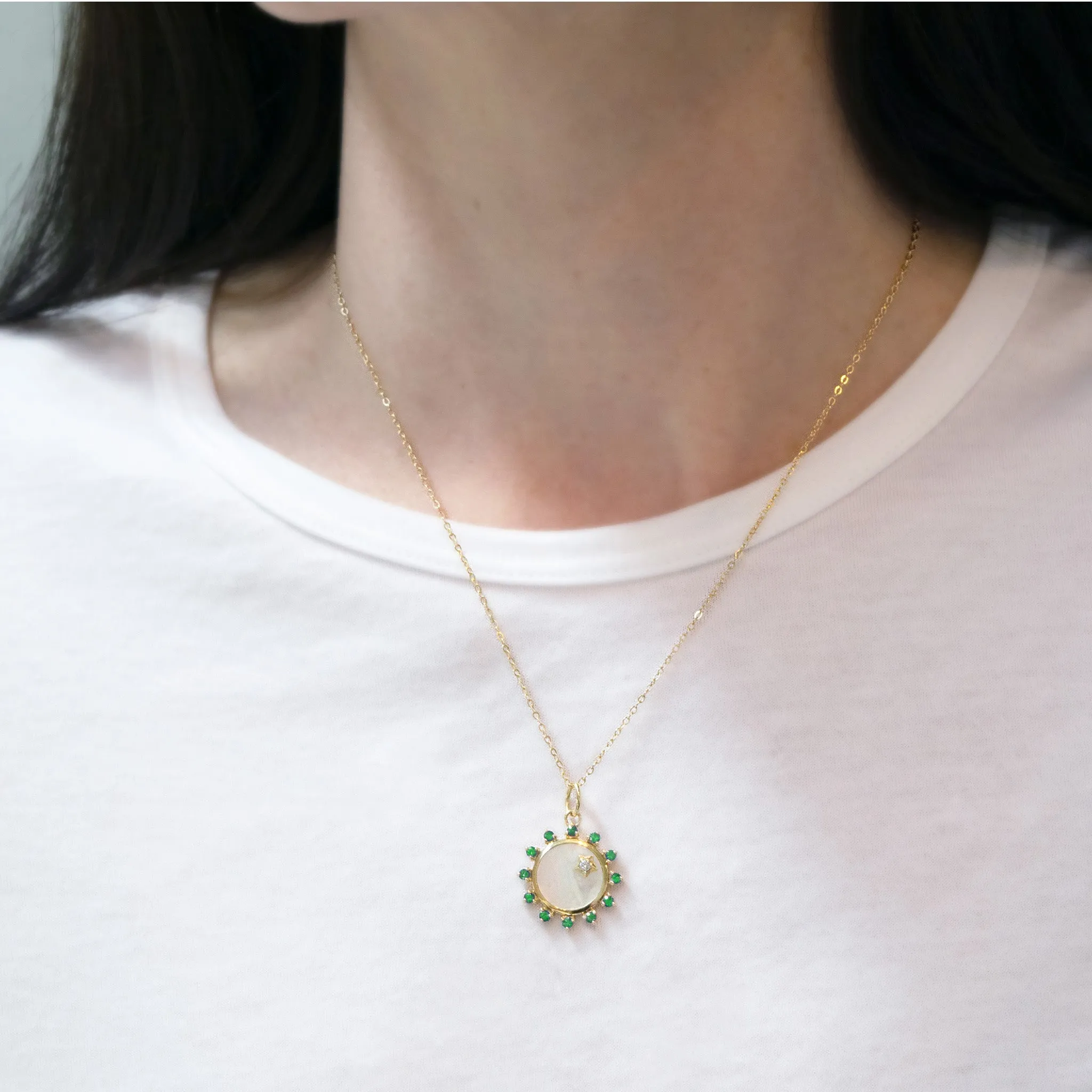 Mini Mother of Pearl Emerald "Happiness" Sun Charm