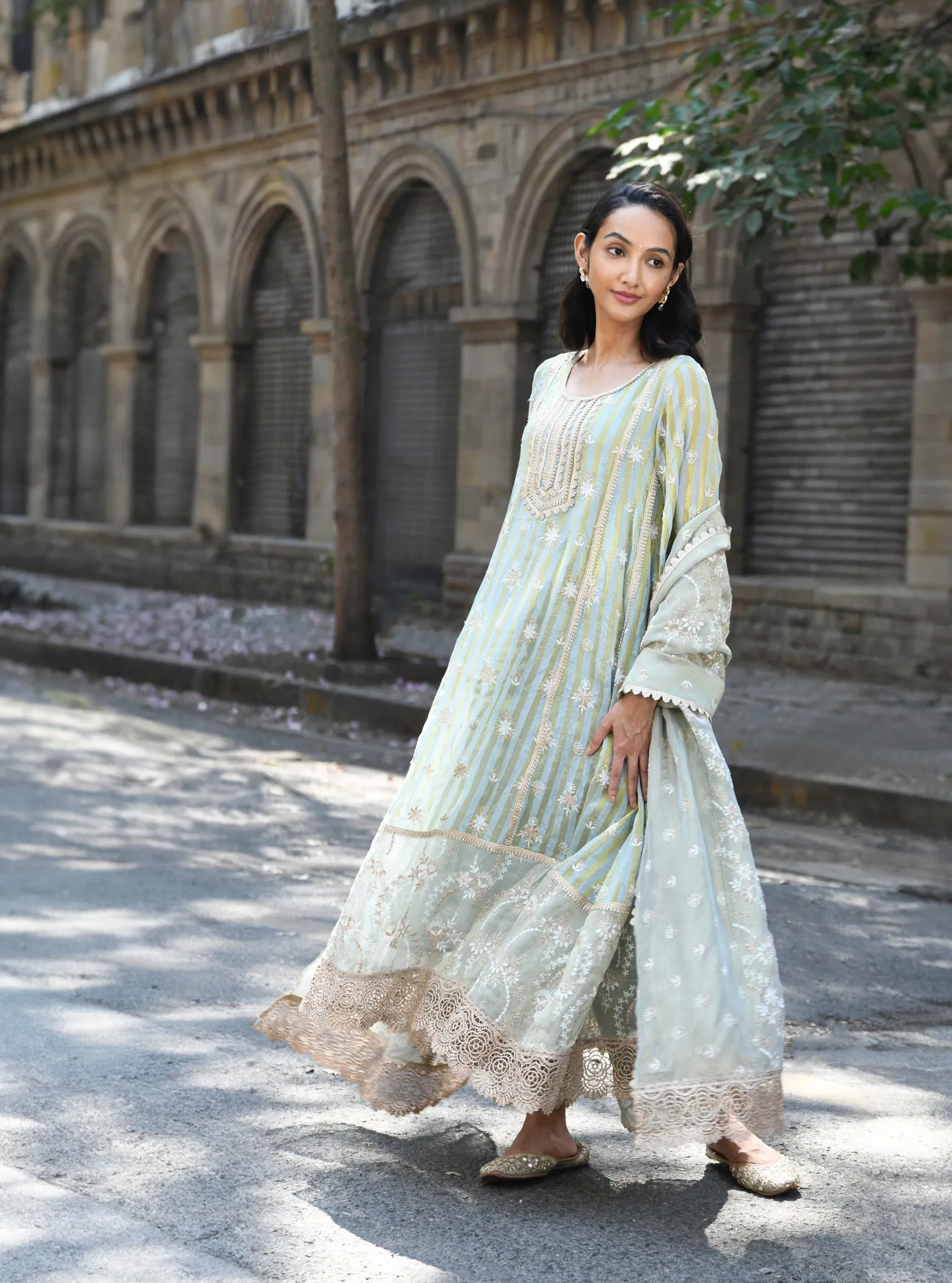 Mulmul Banarsi Kesar Light Blue Anarkali Kurta With Mulmul Banarsi Kesar Light Blue Pant