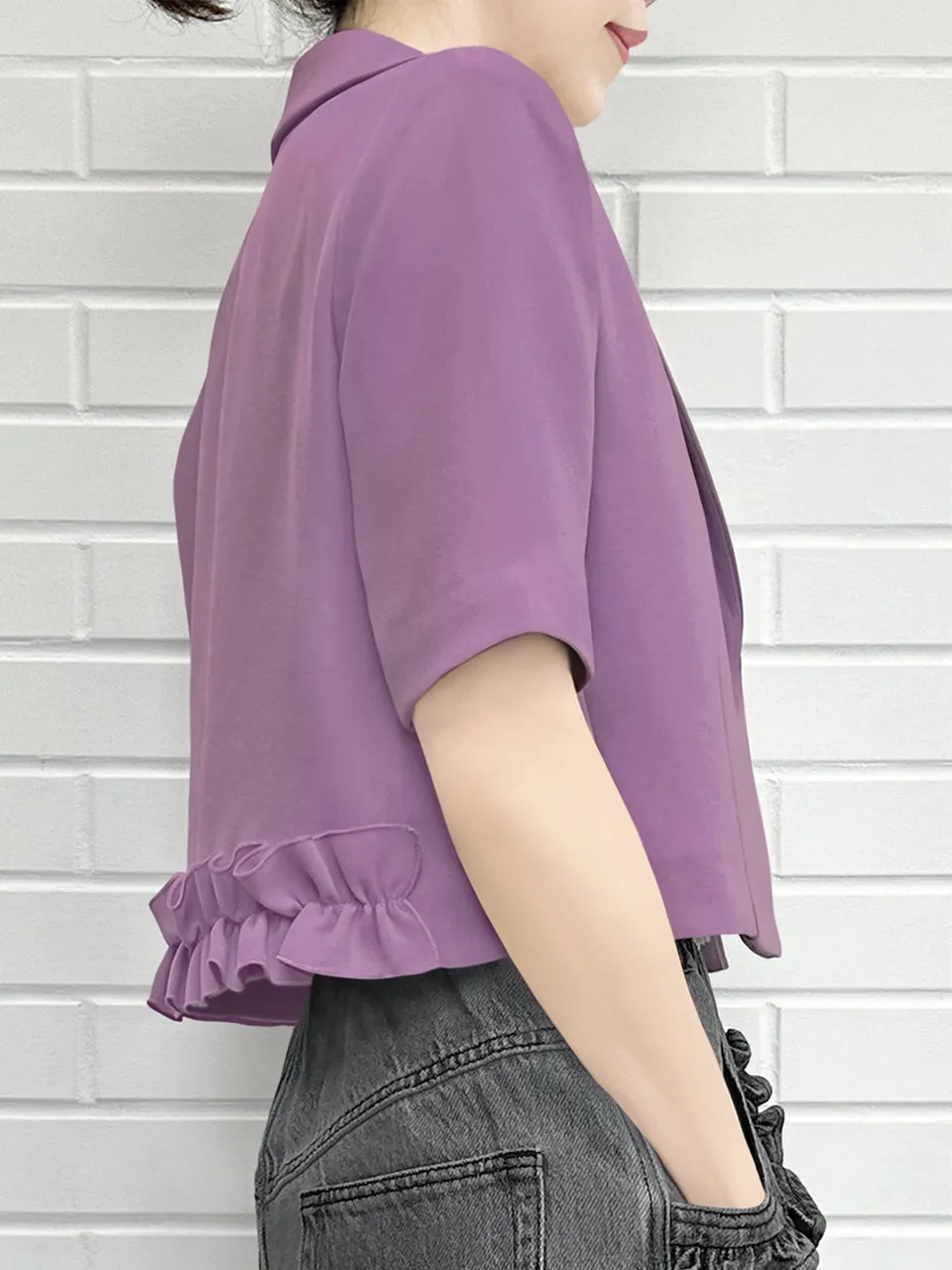 Muted Purple Ruffle Detail Strong Shoulder Crop Blazer