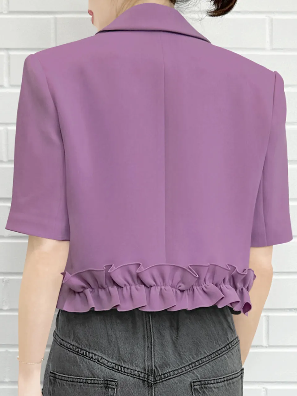 Muted Purple Ruffle Detail Strong Shoulder Crop Blazer