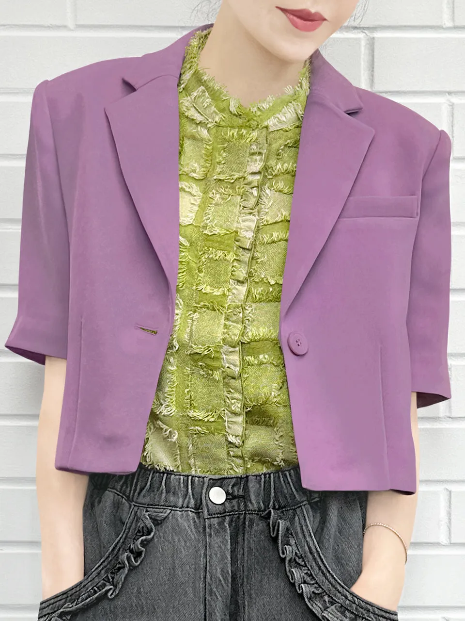 Muted Purple Ruffle Detail Strong Shoulder Crop Blazer