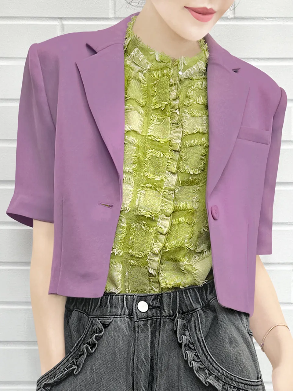 Muted Purple Ruffle Detail Strong Shoulder Crop Blazer