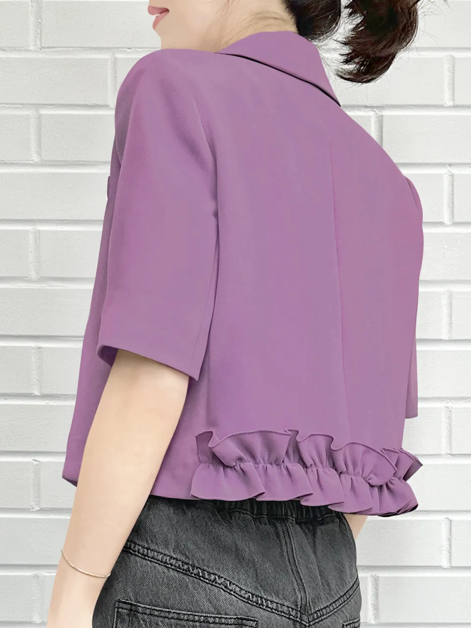 Muted Purple Ruffle Detail Strong Shoulder Crop Blazer