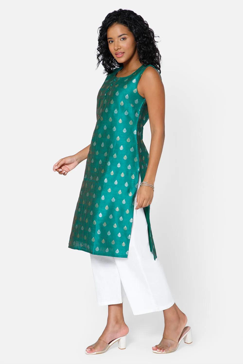 Mythri Women's Square Round Neck Sleeveless Casual Kurthi with Attachable Sleeves - Dark Green - KU33