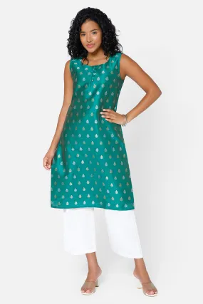 Mythri Women's Square Round Neck Sleeveless Casual Kurthi with Attachable Sleeves - Dark Green - KU33