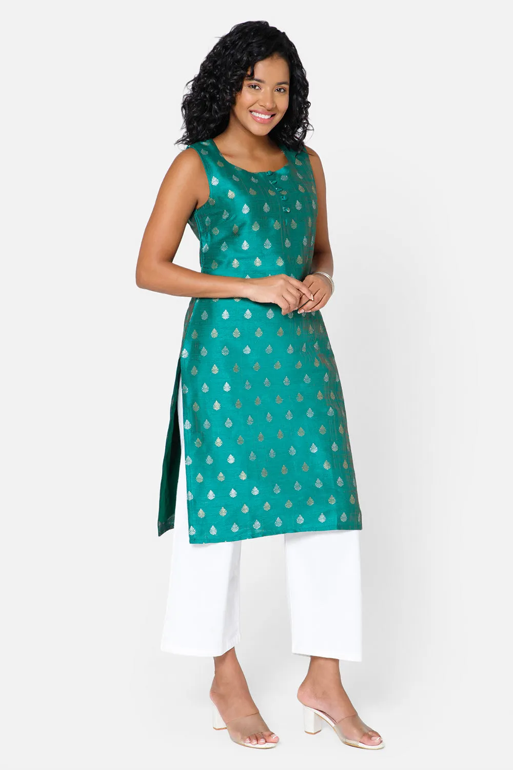 Mythri Women's Square Round Neck Sleeveless Casual Kurthi with Attachable Sleeves - Dark Green - KU33