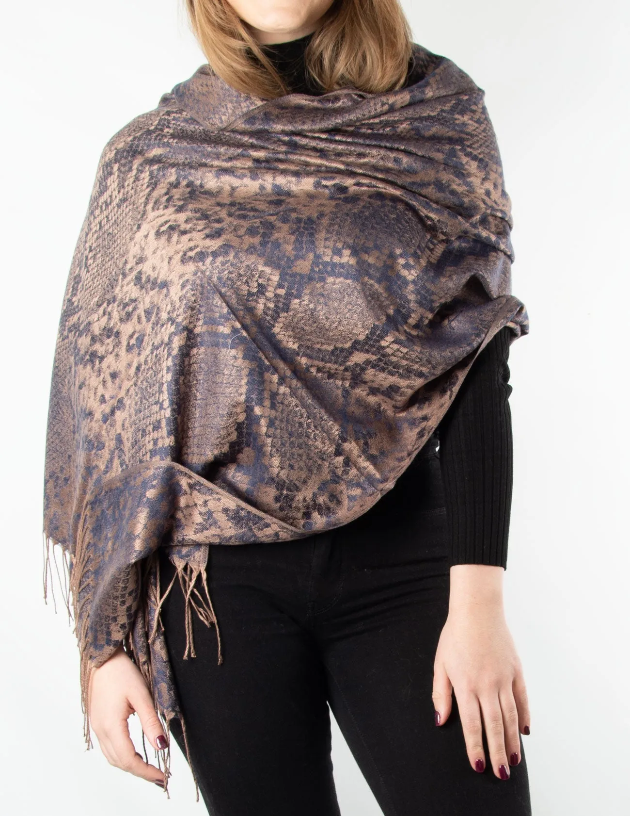 Navy and Bronze Snake Print Patterned Pashmina