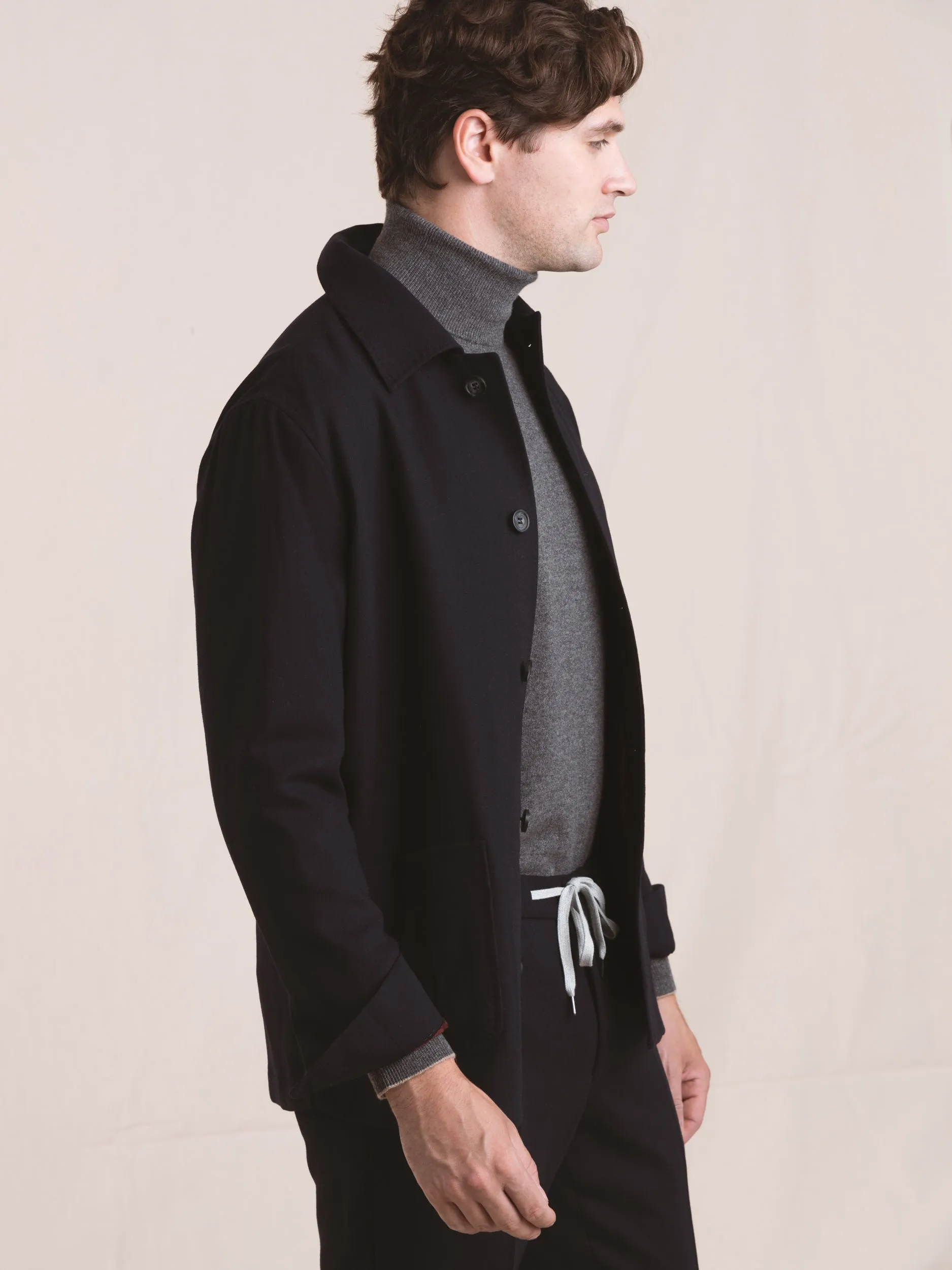 Navy Wool-Blend Overshirt