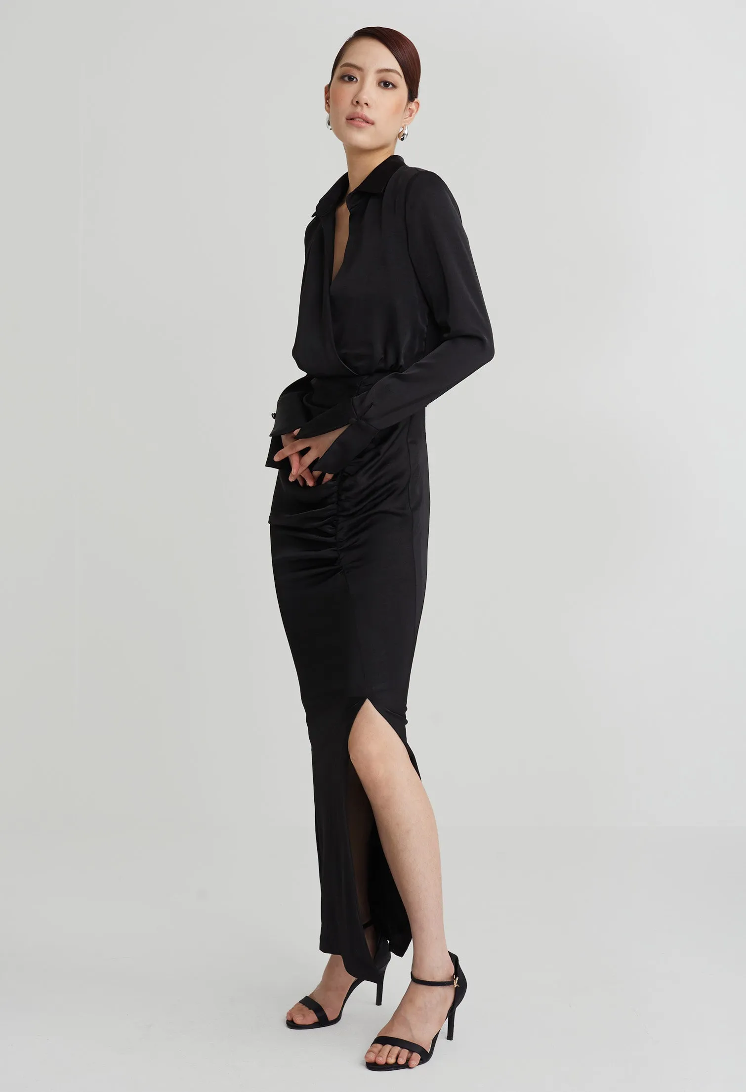 nichii X NURITA HARITH Cinched Waist Side Ruched Collared Maxi Dress