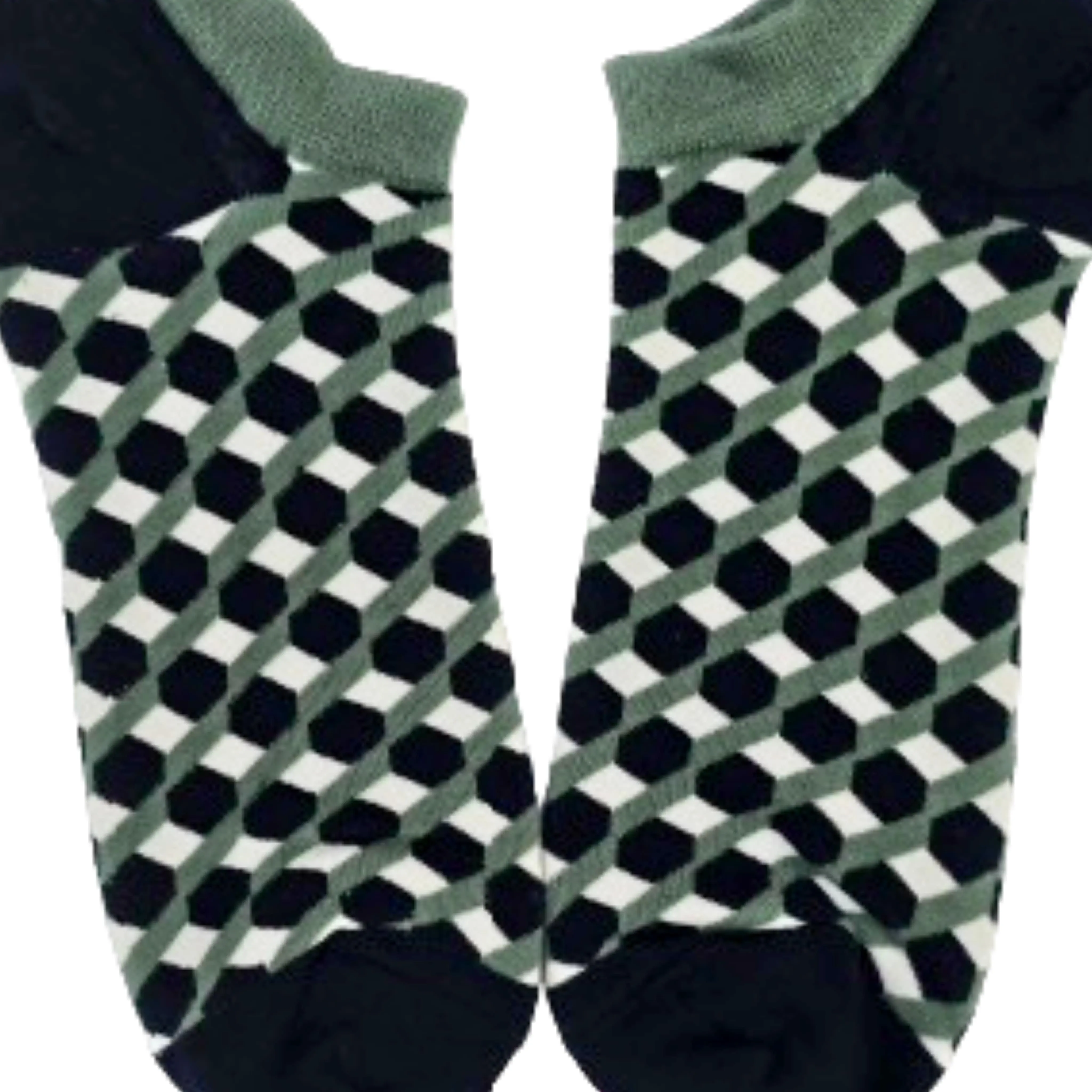 Olive Green, Black and White 3D Cubed Patterned Ankle Socks