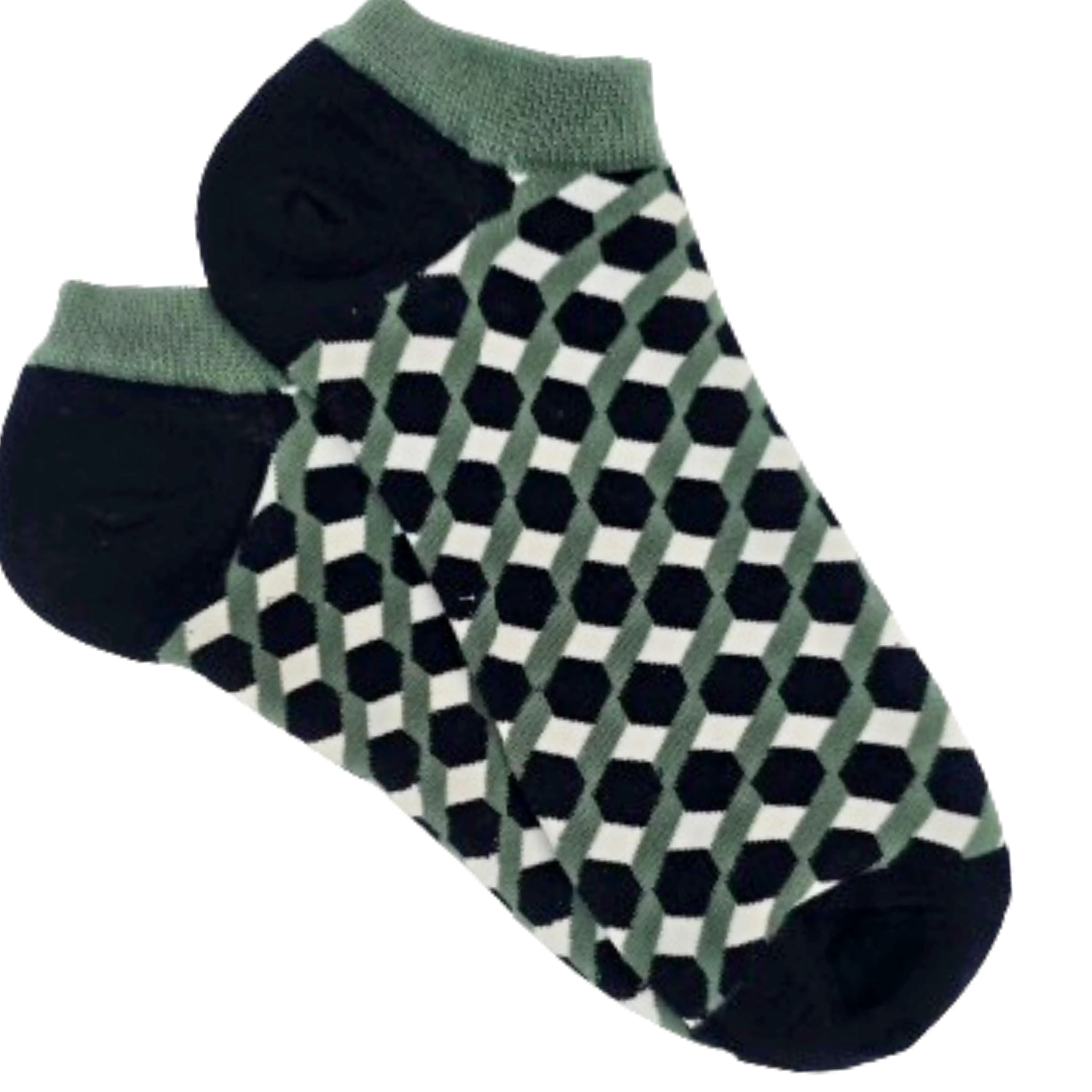 Olive Green, Black and White 3D Cubed Patterned Ankle Socks