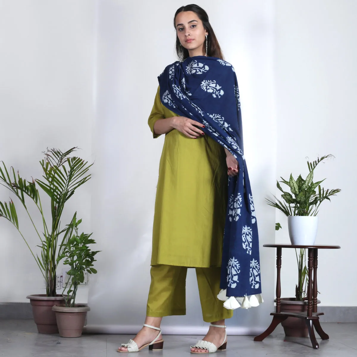 Olive Salwar Kurta Set for Women with Indigo Dupatta