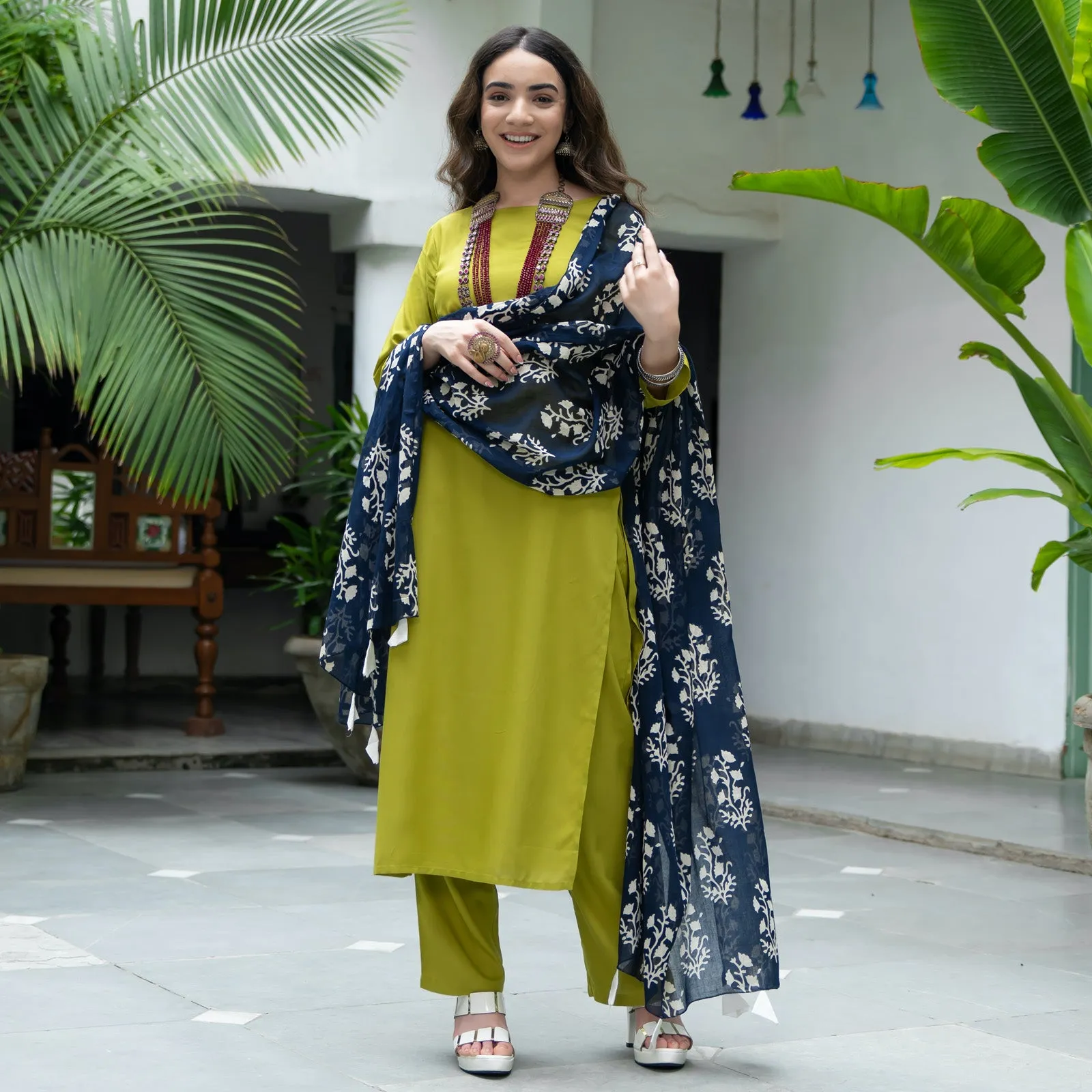 Olive Salwar Kurta Set for Women with Indigo Dupatta