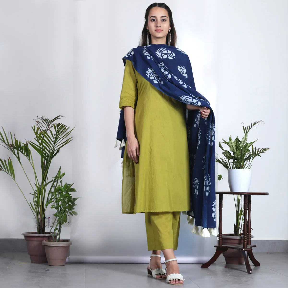 Olive Salwar Kurta Set for Women with Indigo Dupatta