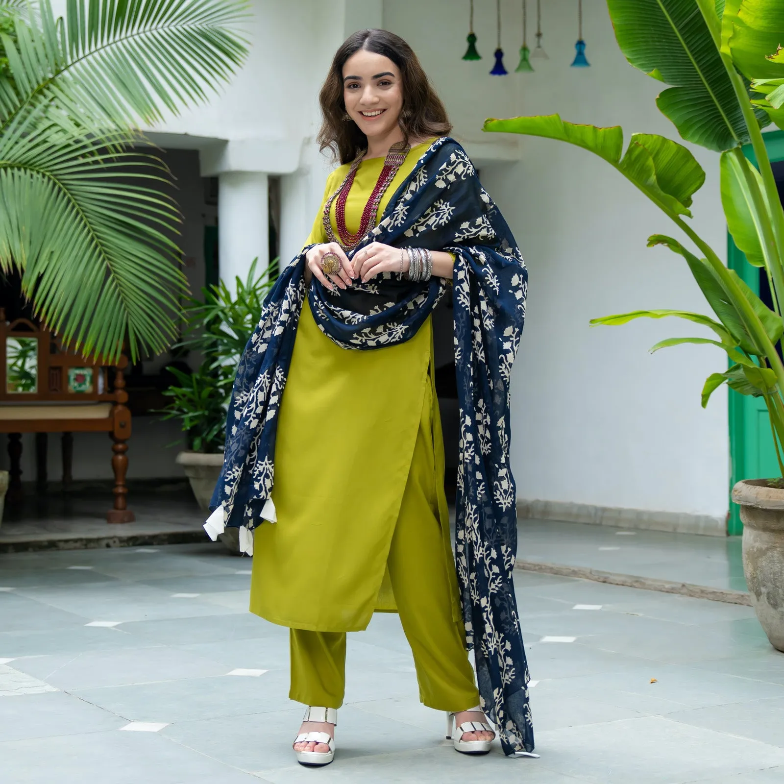 Olive Salwar Kurta Set for Women with Indigo Dupatta