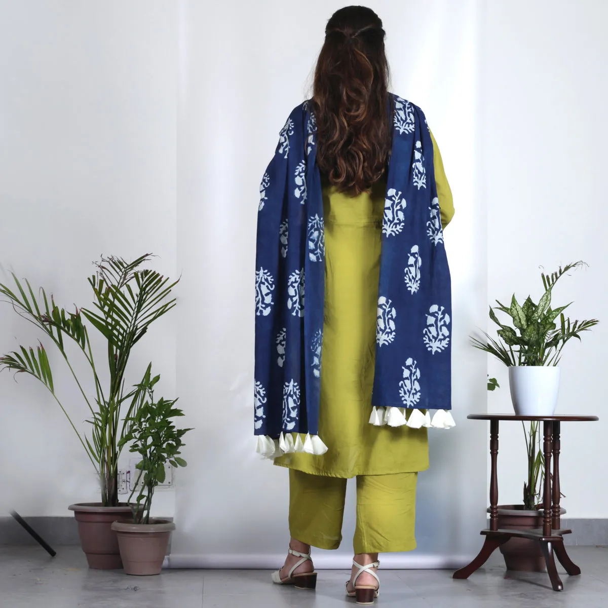 Olive Salwar Kurta Set for Women with Indigo Dupatta