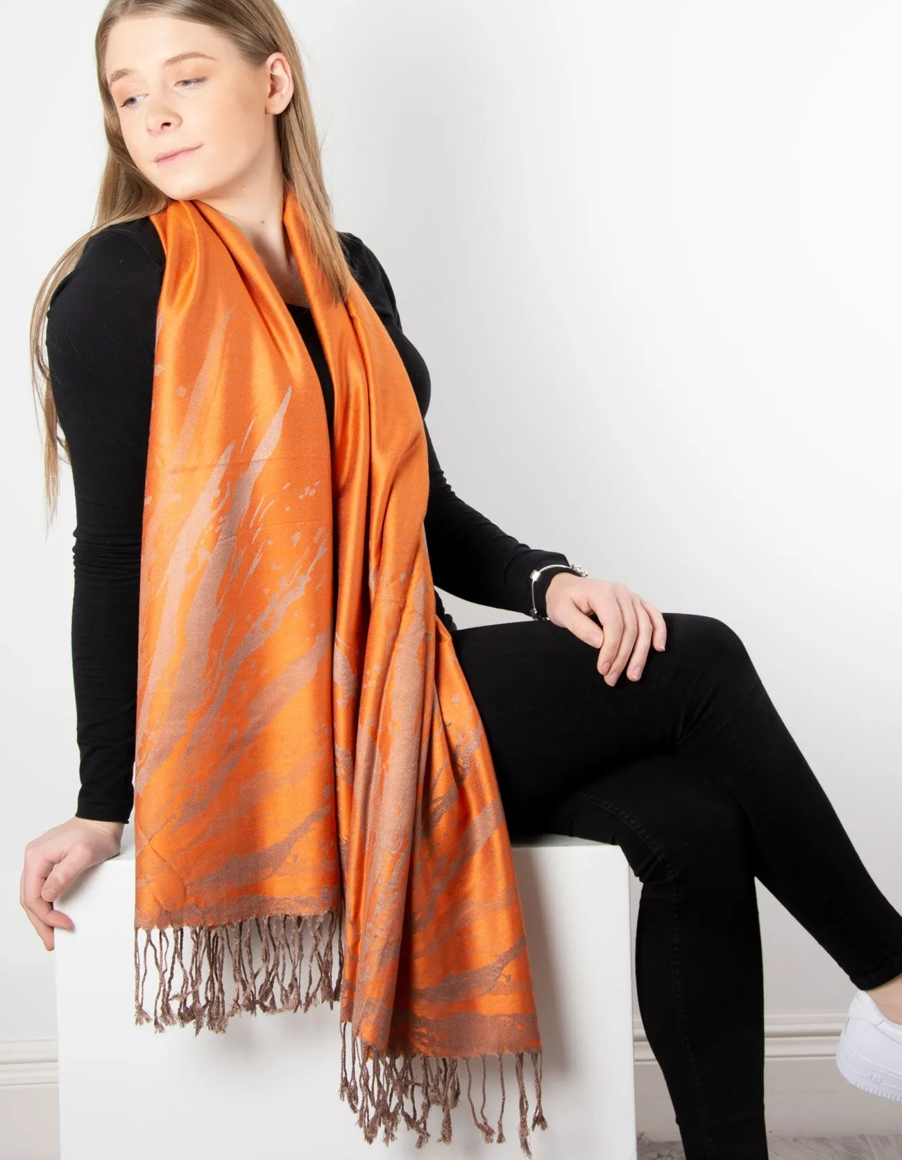 Orange And Bronze Splash Patterned Pashmina