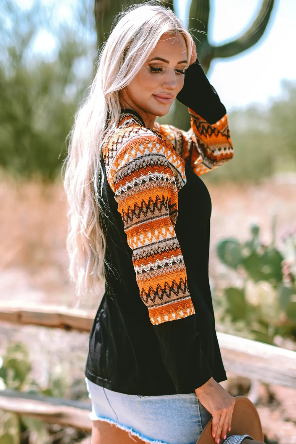 Orange Geo Print Raglan Patchwork Long Sleeve Tee