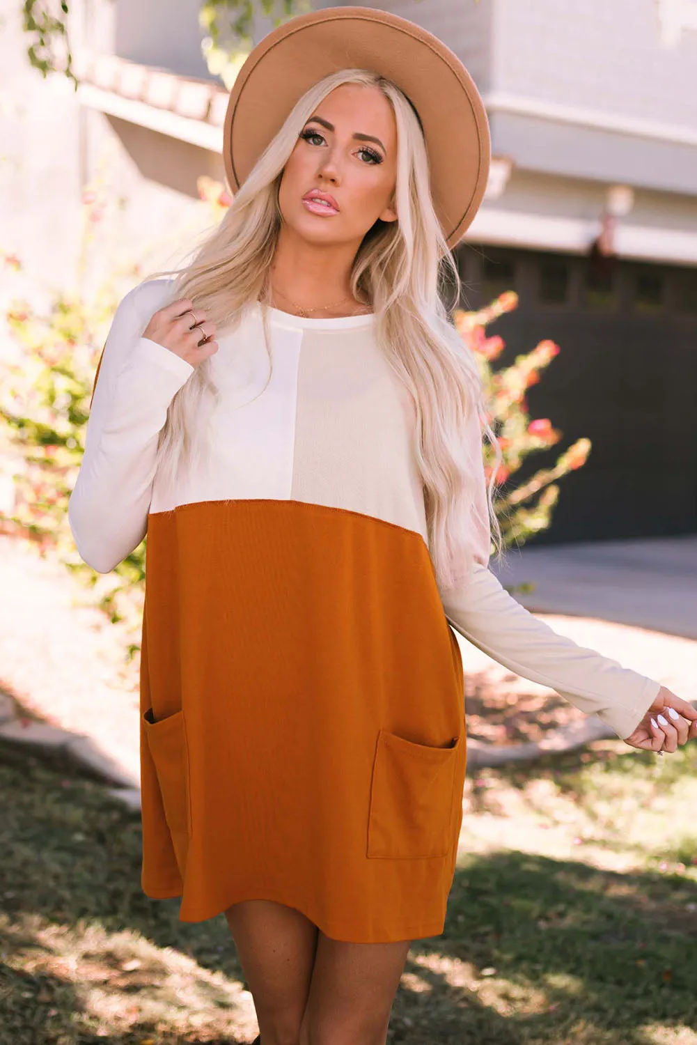 Orange Pocketed Color Block Patchwork Long Sleeve Top