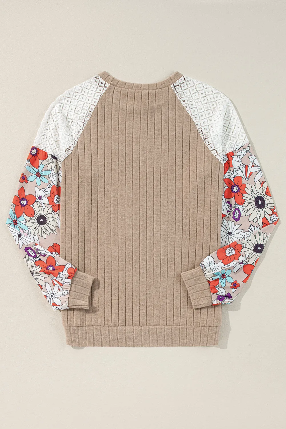 Parchment Floral Patchwork Long Sleeve Ribbed Blouse