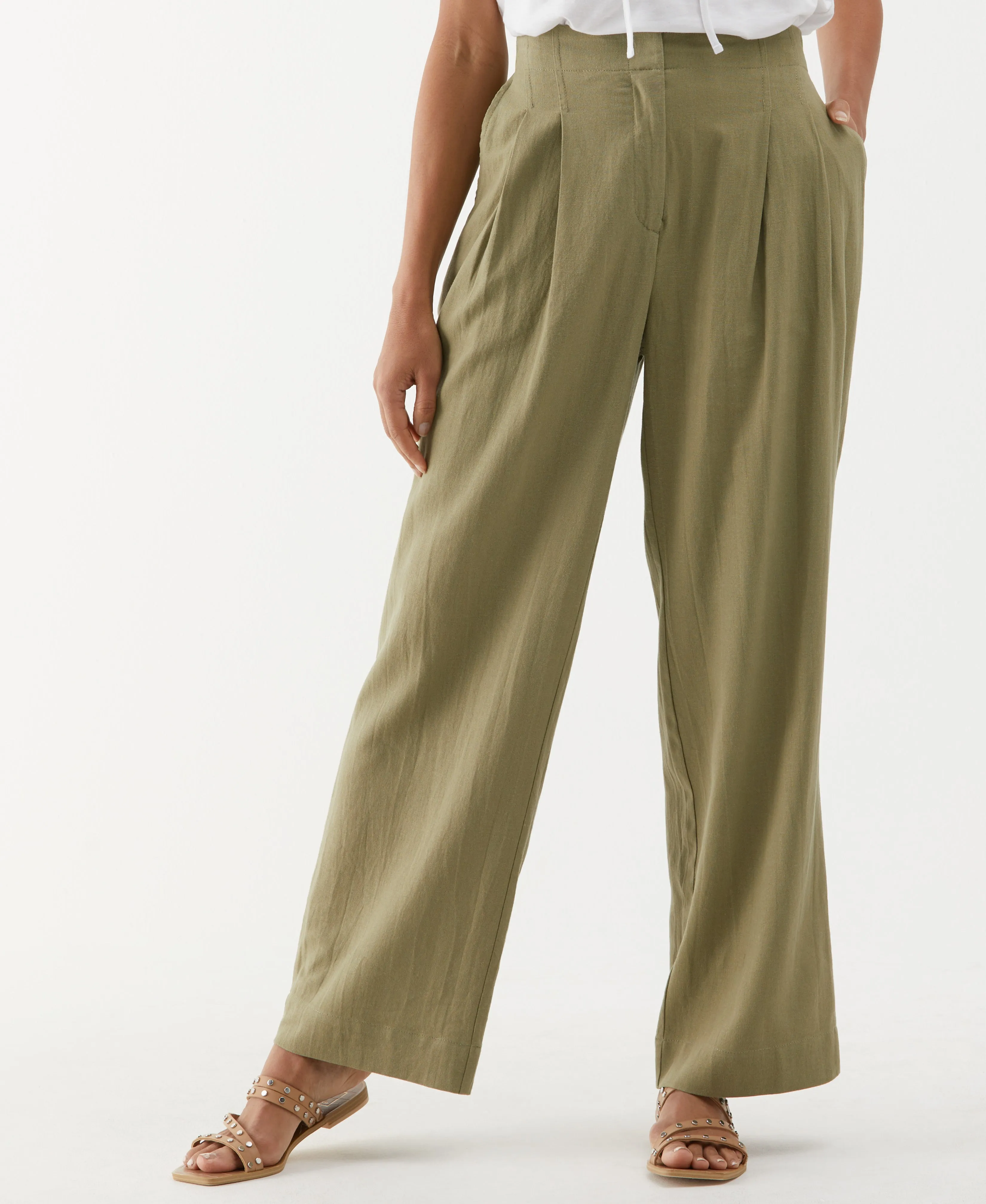 Petite Linen Blend Pleated Wide Leg Pant