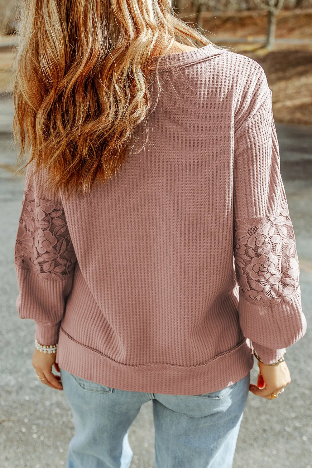 Pink Lace Waffle Patchwork Strappy V Neck Long Sleeve Top