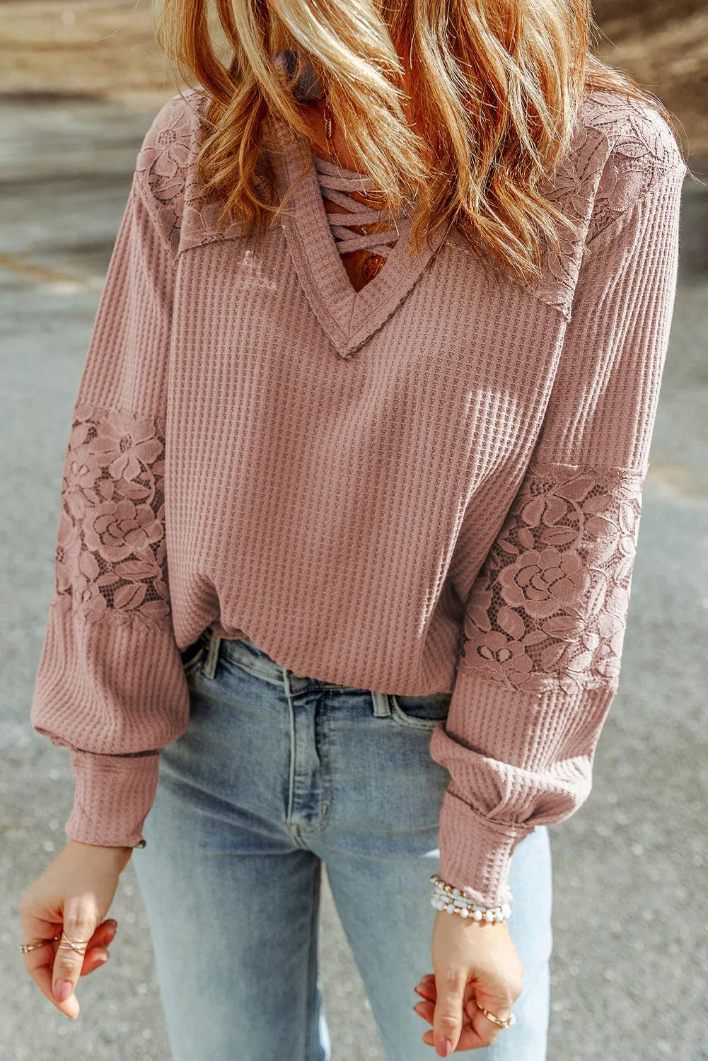 Pink Lace Waffle Patchwork Strappy V Neck Long Sleeve Top