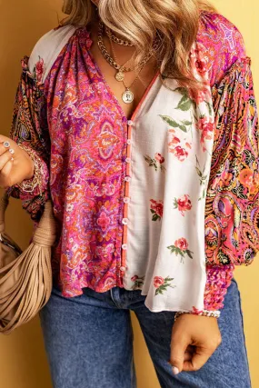 Pink Multicolor Floral Patchwork Shirred Cuffs Buttoned Blouse