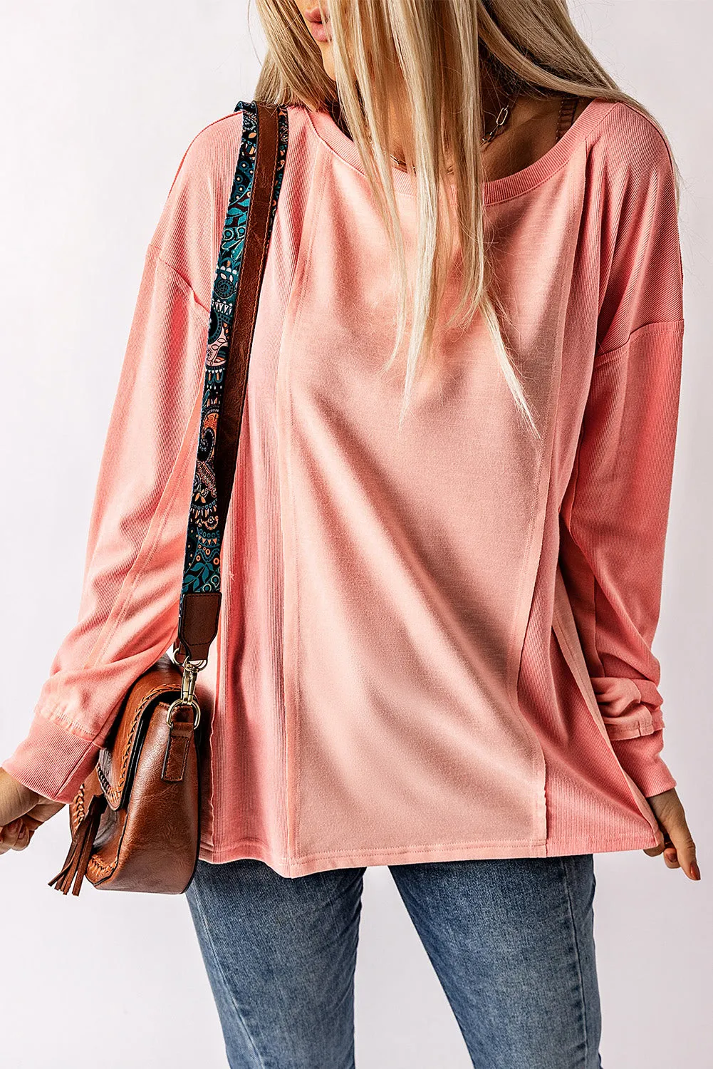 Pink Solid Color Patchwork Long Sleeve Top