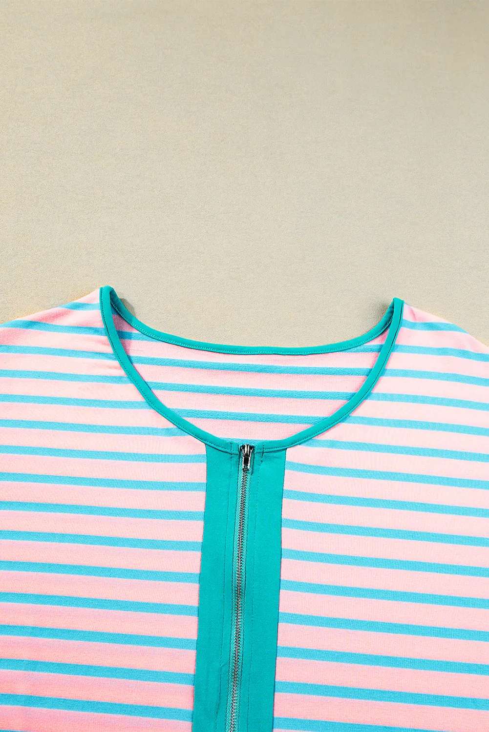 Pink Stripe Contrast Trim Half Zip Short Sleeve Top