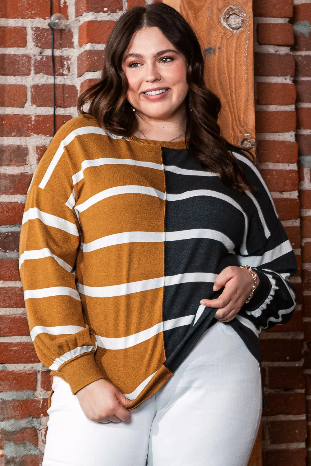 Plus Size Colorblock Striped Patchwork Loose Top