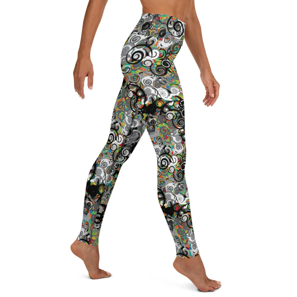 POP! goes the color! Black Swirl with a little color Yoga Pants with pocket for women