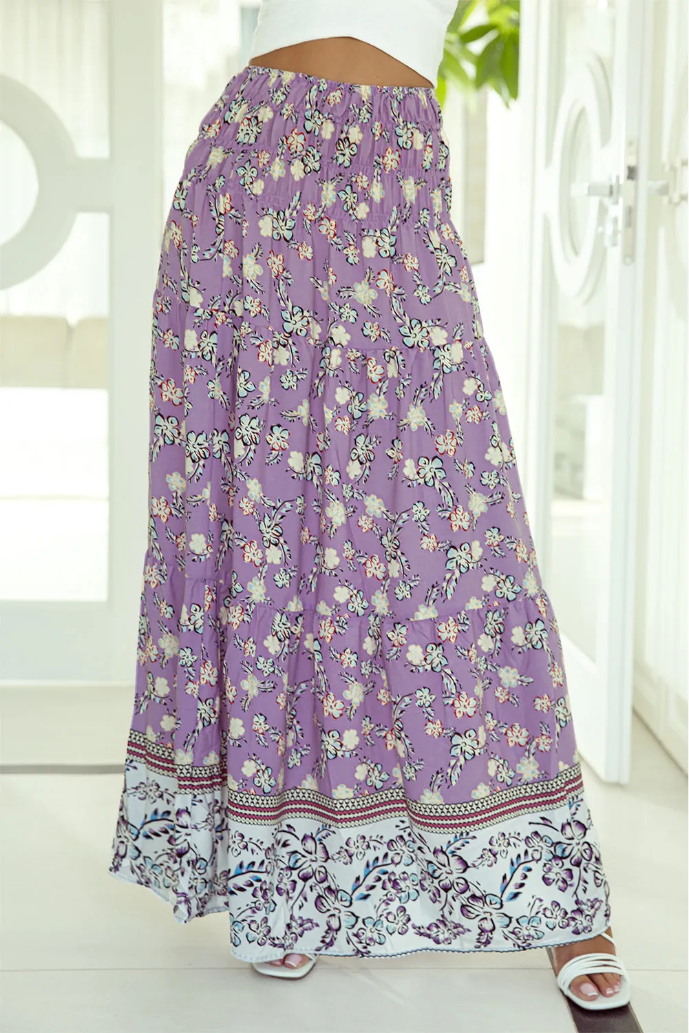 Purple Floral Print Shirred High Waist Maxi Skirt