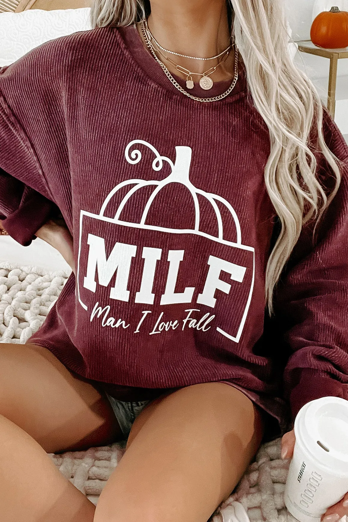 "Man I Love Fall" Corded Graphic Crewneck (Maroon) - Print On Demand