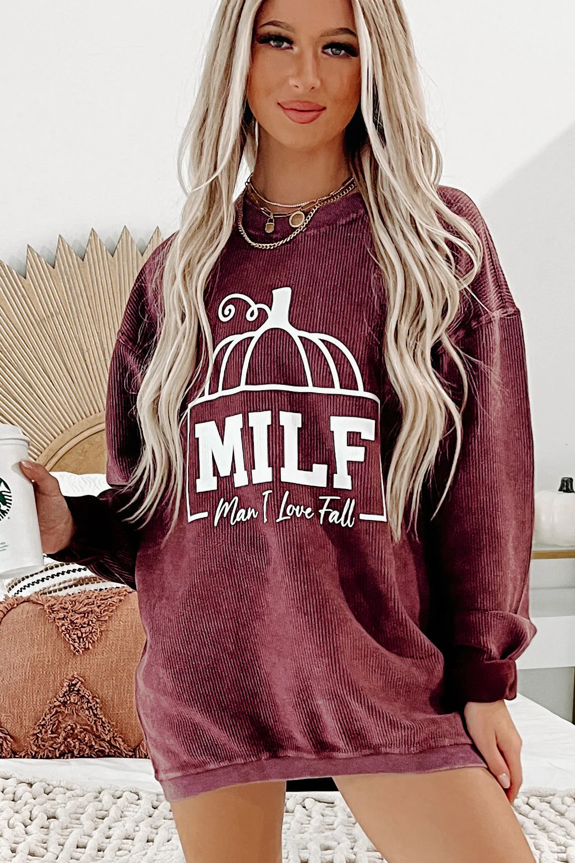 "Man I Love Fall" Corded Graphic Crewneck (Maroon) - Print On Demand