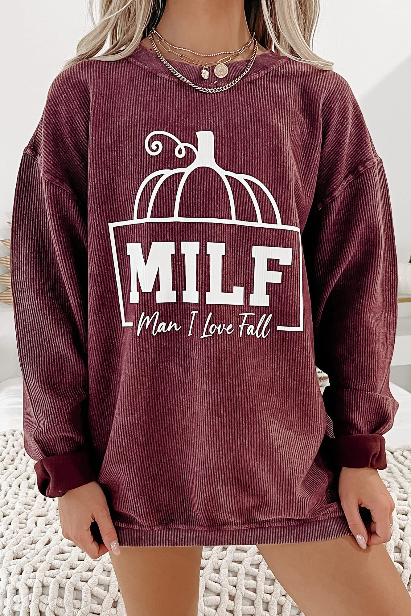 "Man I Love Fall" Corded Graphic Crewneck (Maroon) - Print On Demand