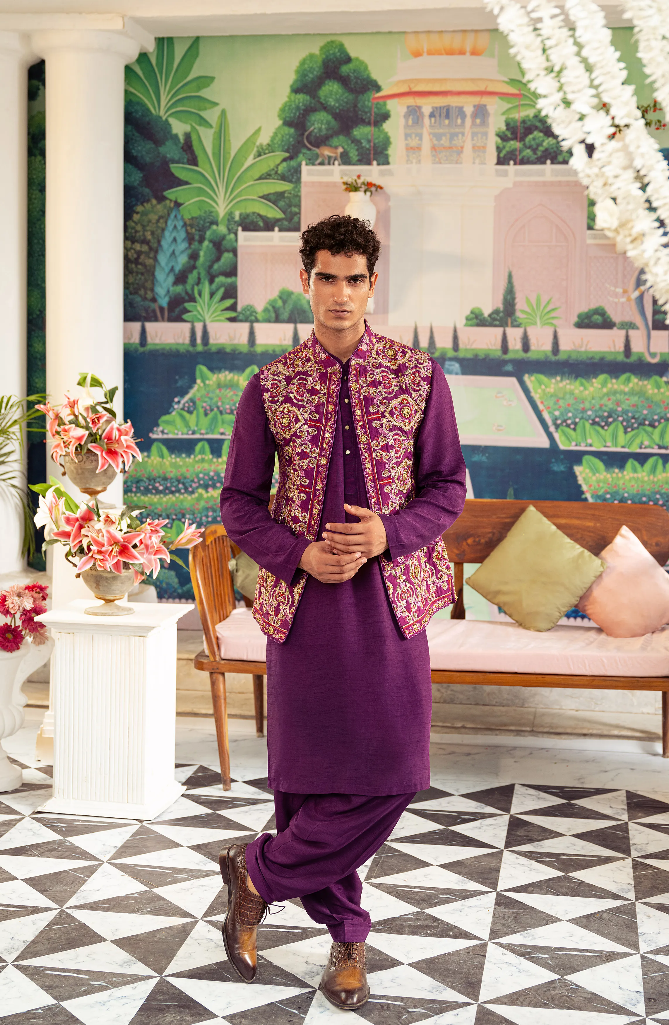 Rangrez - Silk Waistcoat with Deep Purple Kurta and Pants