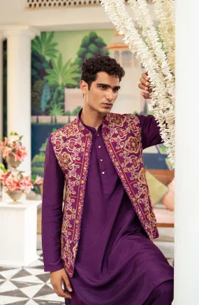 Rangrez - Silk Waistcoat with Deep Purple Kurta and Pants