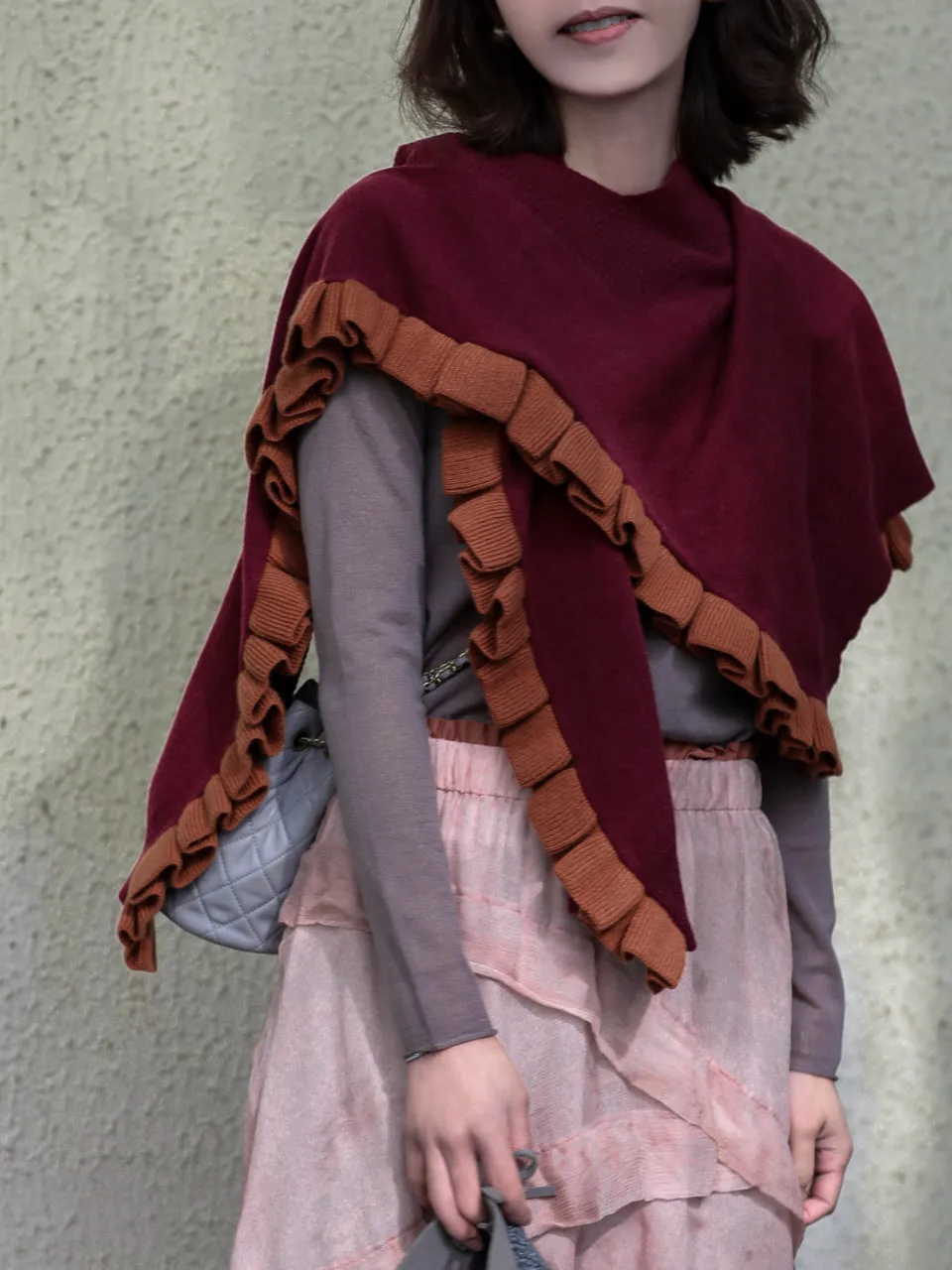 Rudy Red Pleated Frills Wool & Cashmere Ruana - Scarf